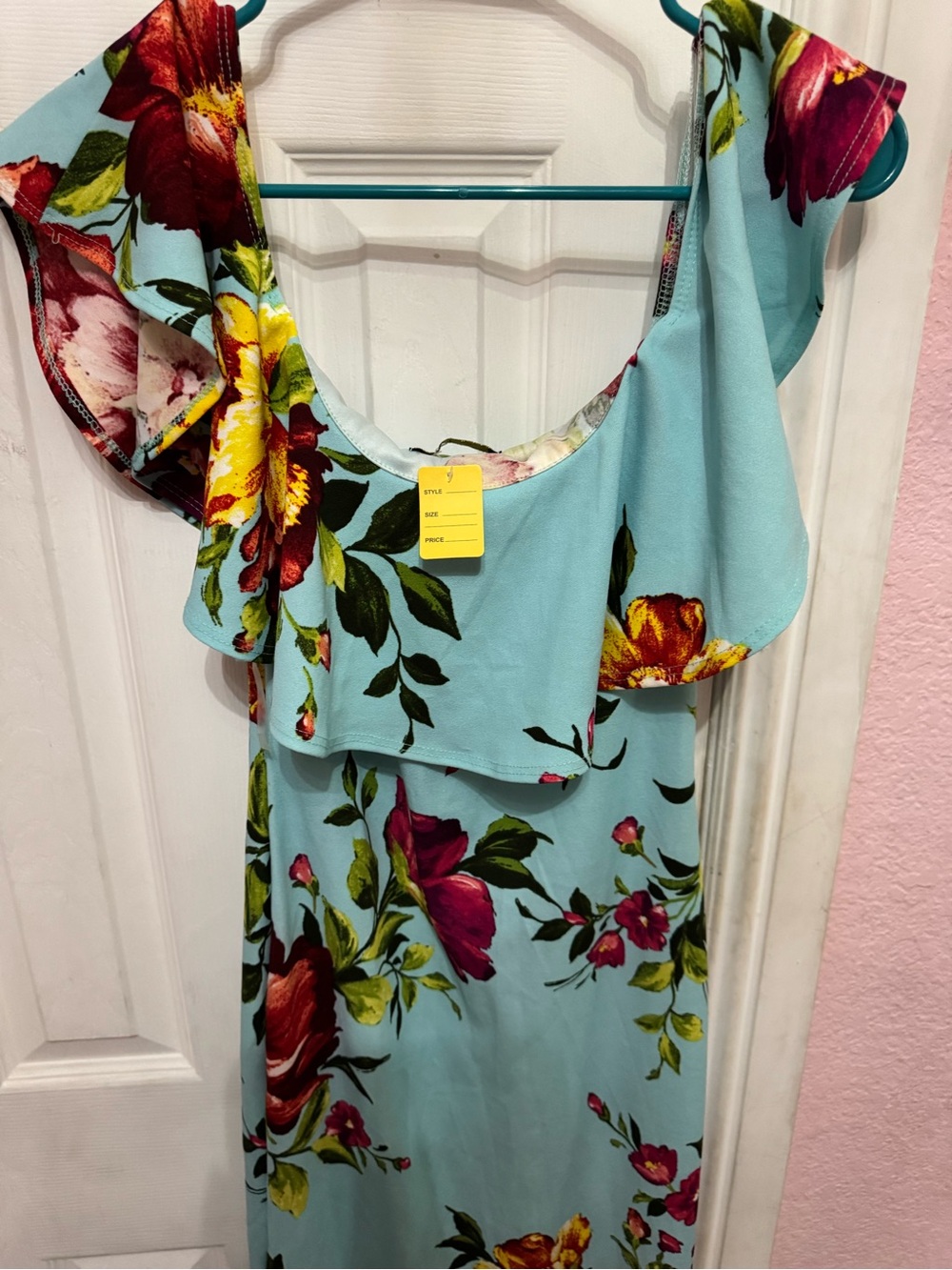 Floral Ruffle Shoulder Maxi Dress - Light Blue